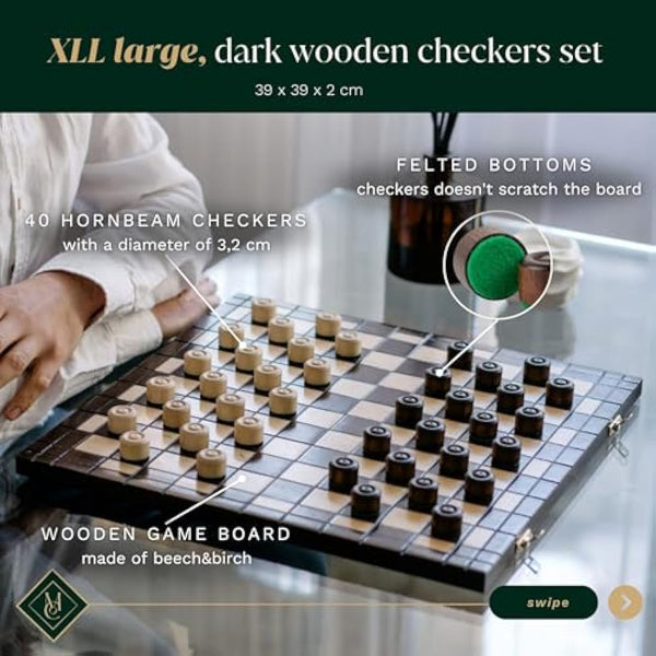 Wooden Checkers 100 Squares XXL CHECKERS | Master Of Chess | Folding Chess Board 39x39 cm | Handcrafted Travel Draughts Set - Draughts Board Game for Kids and for Adults