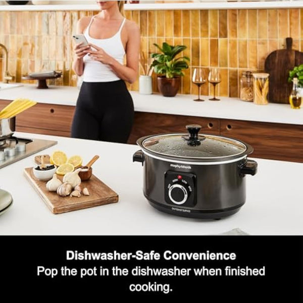 Morphy Richards 3.5L Sear & Stew Slow Cooker, Shatter Resistant Aluminium Pot, 3 Heat Settings, Hob Proof, Easy Clean, 163W, Black, 460012