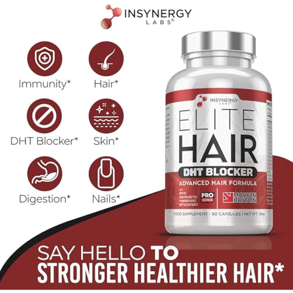 DHT Blocker Elite Hair, Hair Growth Supplement | #1 Advanced Hair Supplements for Women & Men | DHT Blocker Tablets Hair Growth Vitamins | 90 Capsules 16 Ingredients in 1