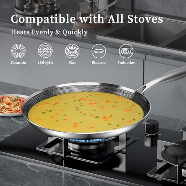 Innerwell Stainless Steel Crepe Pan 28 cm, Nonstick Stainless Steel Honeycomb Coating Pancake Pan, Non Stick Flat Skillet Tawa Dosa Tortilla Griddle Pan, Induction Compatible, PFOA Free