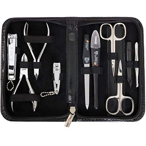 3 Swords Germany - brand quality 10 piece manicure pedicure grooming kit set for professional finger & toe nail care scissors clipper genuine leather case black in gift box, Made by 3 Swords