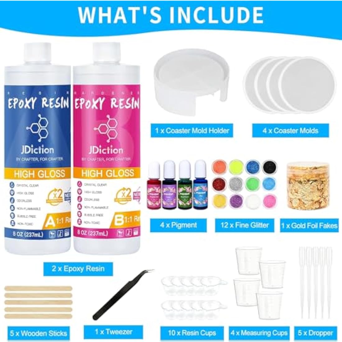 JDiction Epoxy Resin Coaster Kit - 16oz/ 474ml Crystal Clear Epoxy Resin Kit with Coaster Molds and Holder, Resin Pigment, Resin Glitter, Gold Flakes, Epoxy Resin Starter Kit for Jewelry DIY Coasters