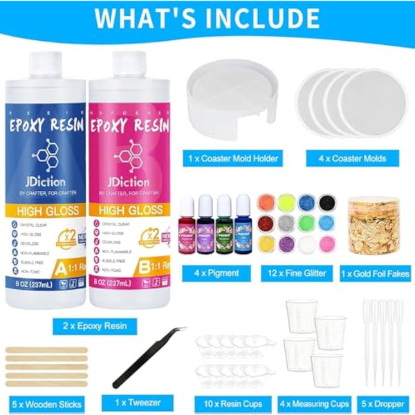 JDiction Epoxy Resin Coaster Kit - 16oz/ 474ml Crystal Clear Epoxy Resin Kit with Coaster Molds and Holder, Resin Pigment, Resin Glitter, Gold Flakes, Epoxy Resin Starter Kit for Jewelry DIY Coasters