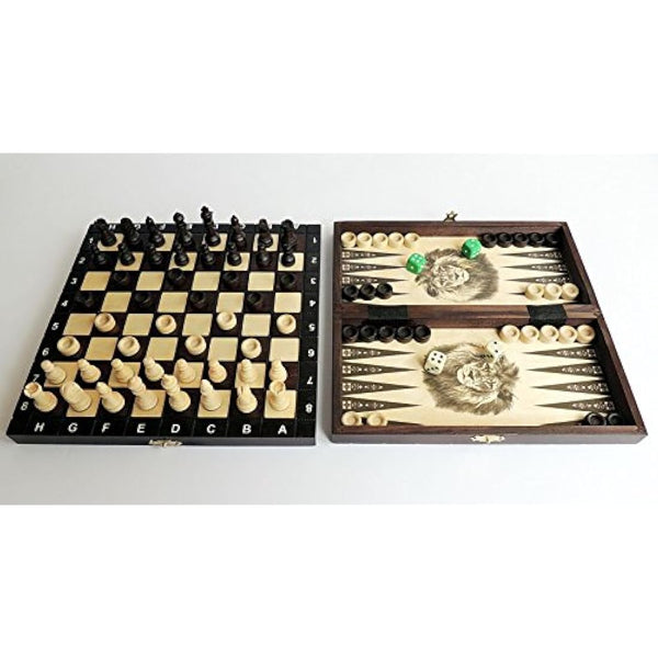 3in1 Backgammon Chess and Checkers Set | Master of Chess | Small Wooden Chess Board 26 cm | Handmade Portable Chess Draughts/Drafts and Backgammon Set for Adults and For Kids