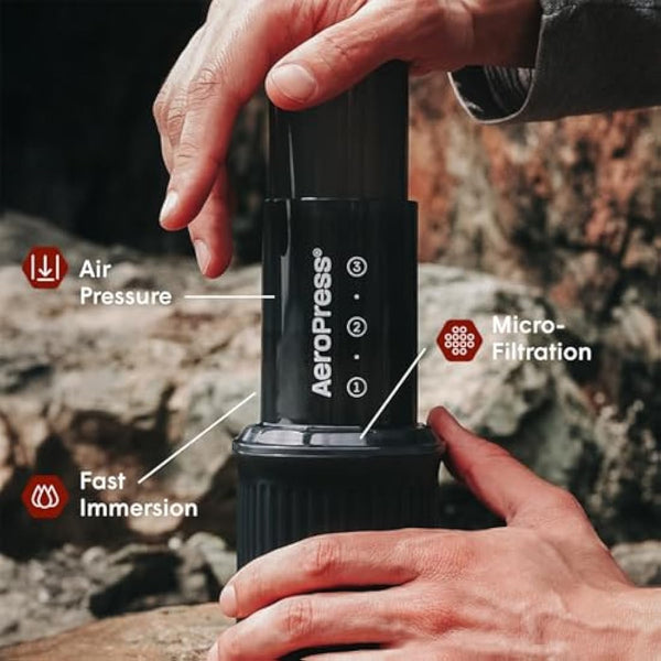 Aeropress Go Portable Travel Coffee Press Kit, 1-3 Cups in a Minute, Coffee, Espresso, & Cold Brew Maker, Manual Coffee Making Machine for Travel, Includes Mug & Lid, Grey