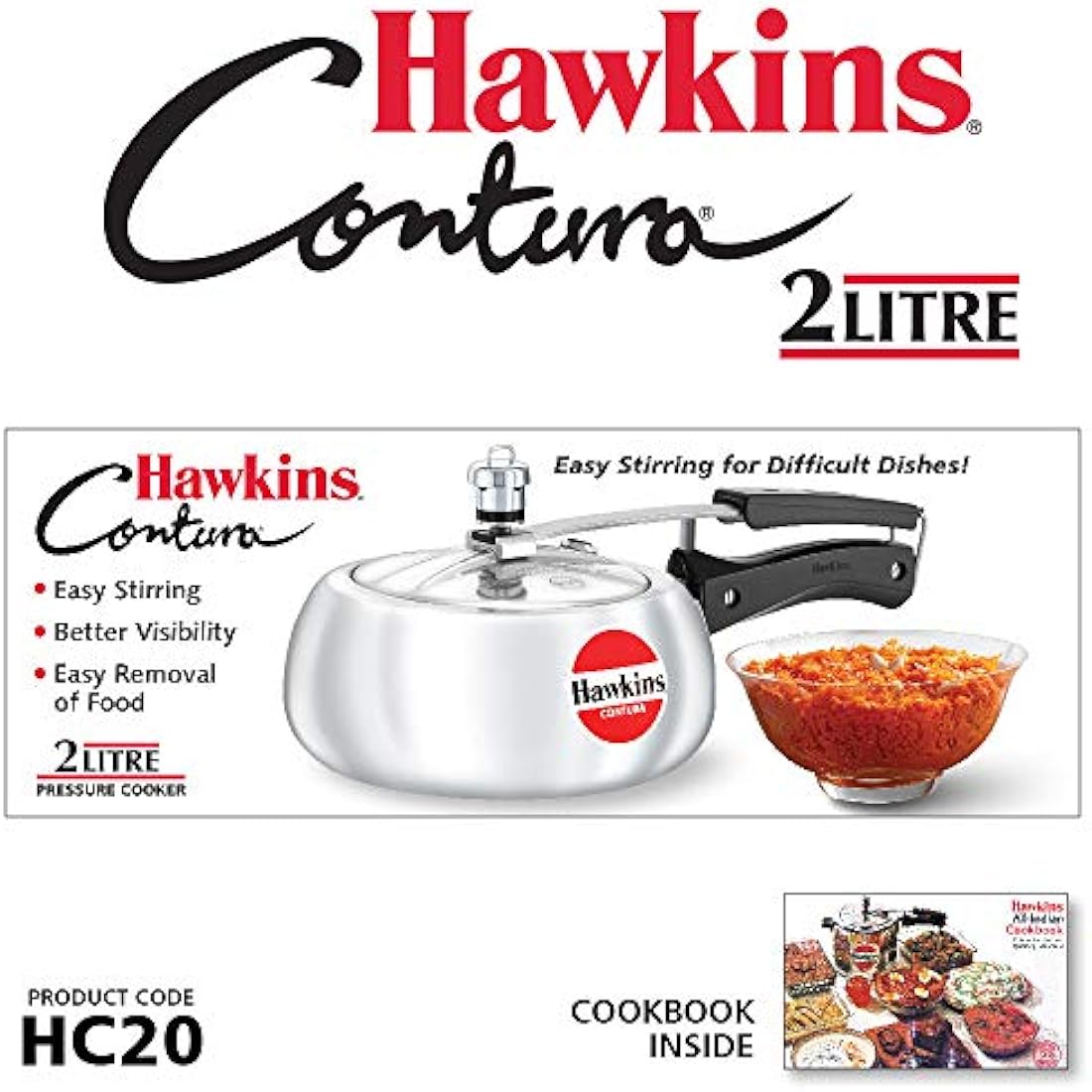 Hawkins Contura 2 Litre Pressure Cooker, Handi Cooker, Silver (HC20)
