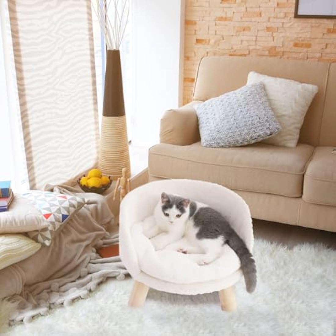 BingoPaw Cat Sofa Chair Bed: Elevated Nordic Pet Stool Bed with Removable Waterproof Mat - Raised Plush Fur Dog Kitten Couch with Wooden Legs Frame (Dia 40cm)