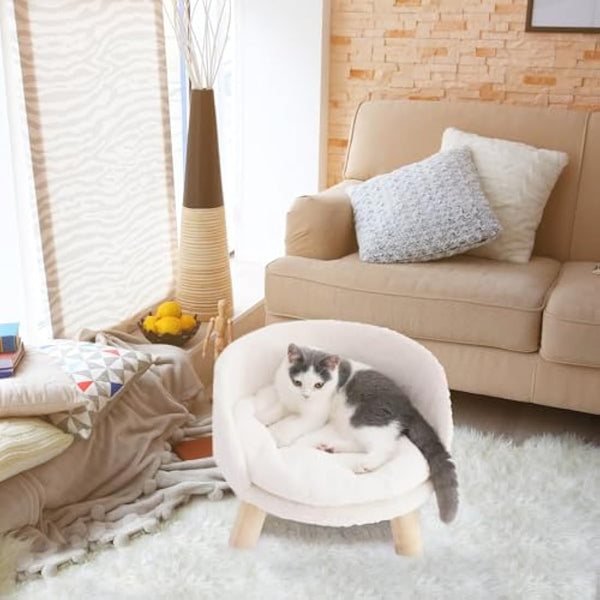 BingoPaw Cat Sofa Chair Bed: Elevated Nordic Pet Stool Bed with Removable Waterproof Mat - Raised Plush Fur Dog Kitten Couch with Wooden Legs Frame (Dia 40cm)