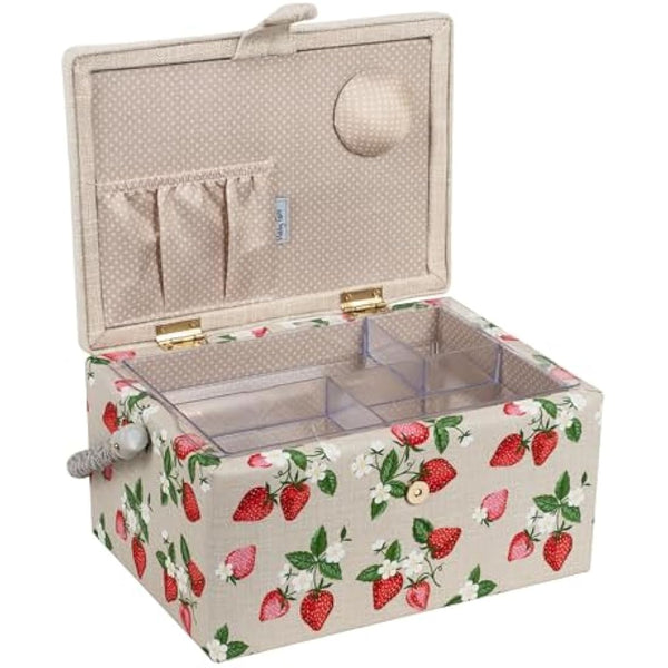 Hobby Gift Exclusive Medium Sewing Craft Hobby Storage Box, Accessories Tray Pin Cushion Pocket PVC Handle Embroidered Lid 18.5 x 25.5 x 14.5cm, Embroidered Strawberries