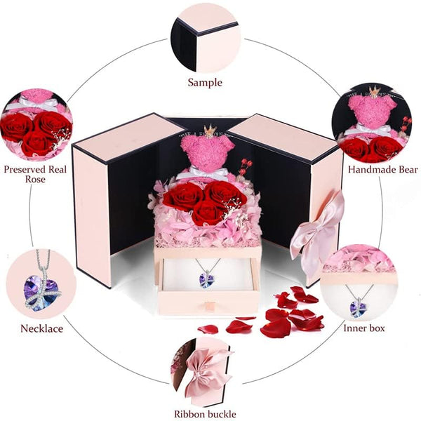 Firestyle Preserved Red Rose Moss Bear with Purple heart crystal necklace, Gifts for Women,Girlfriend,Wife,Mum,Gifts for her on Birthday, Anniversary,