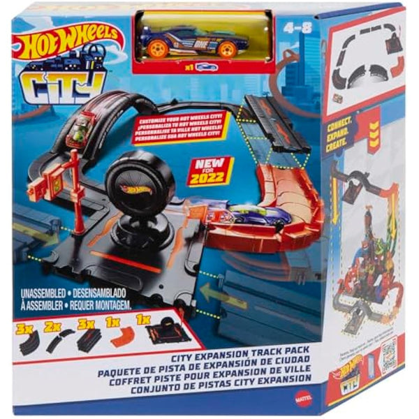 Hot Wheels City Track Pack, 10 Piece Set Includes Track Base & Various Track Pieces to Build a Cityscape, with 1 Hot Wheels Car, Connects to Other Sets, Gift for Kids 4 Years & Up, HDN95