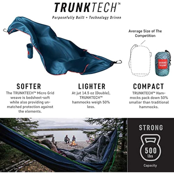 Grand Trunk TrunkTech Double Hammock | Strong, Lightweight & Compact 11' Hammock for Outdoor, Hiking, Backpacking & Travel - Weather-Proof, Ultra-Soft, Reflective Loops, 500lb Capacity (Green/Aqua)