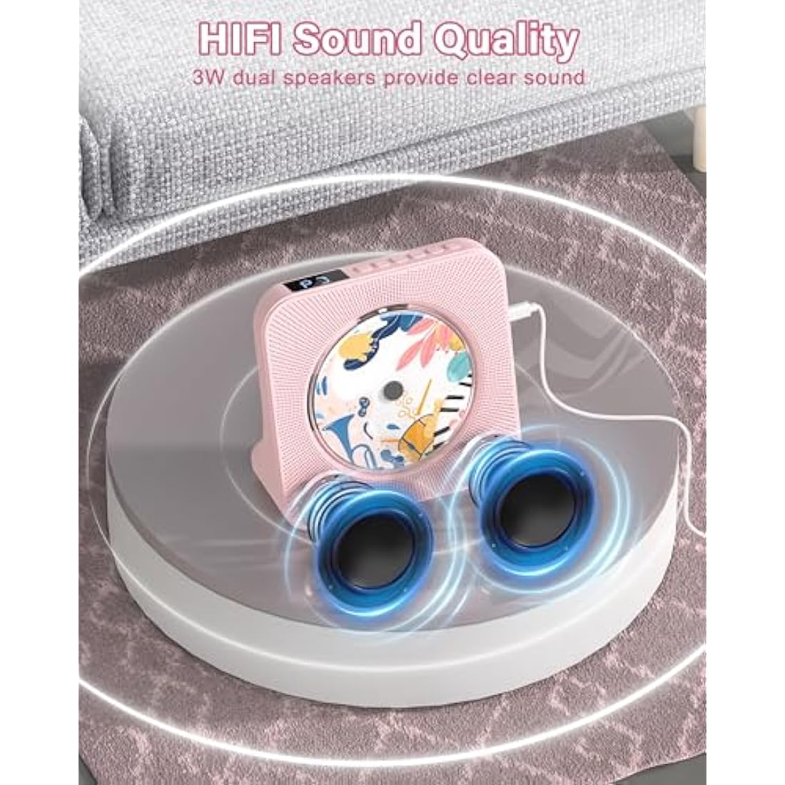 Greadio Portable CD Player with Bluetooth 5.0, Desktop CD Players for Home, CD Music Player with Speakers, Remote Control, Dust Cover, FM Radio, LCD Display, AUX, USB, Headphone Jack, Pink