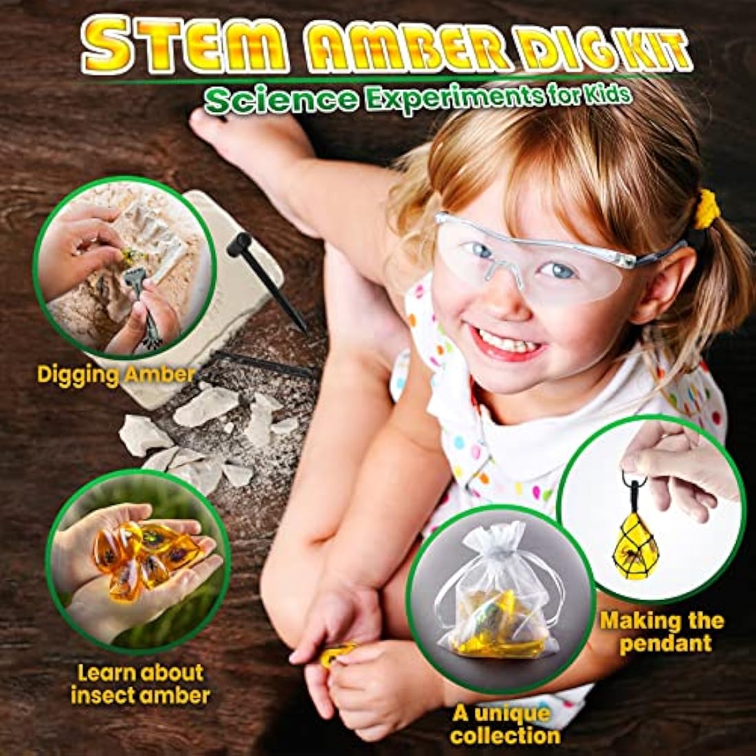 Amber Mega Fossil Dig Kit，Real Crystals & Gemstone Fossil Science Kits for Kids Age 6 7 8 9 10， Rocks & Stones & Bugs Excavation Kits， Educational Toys Gifts Toys for 6+ Year Old Girls Boys
