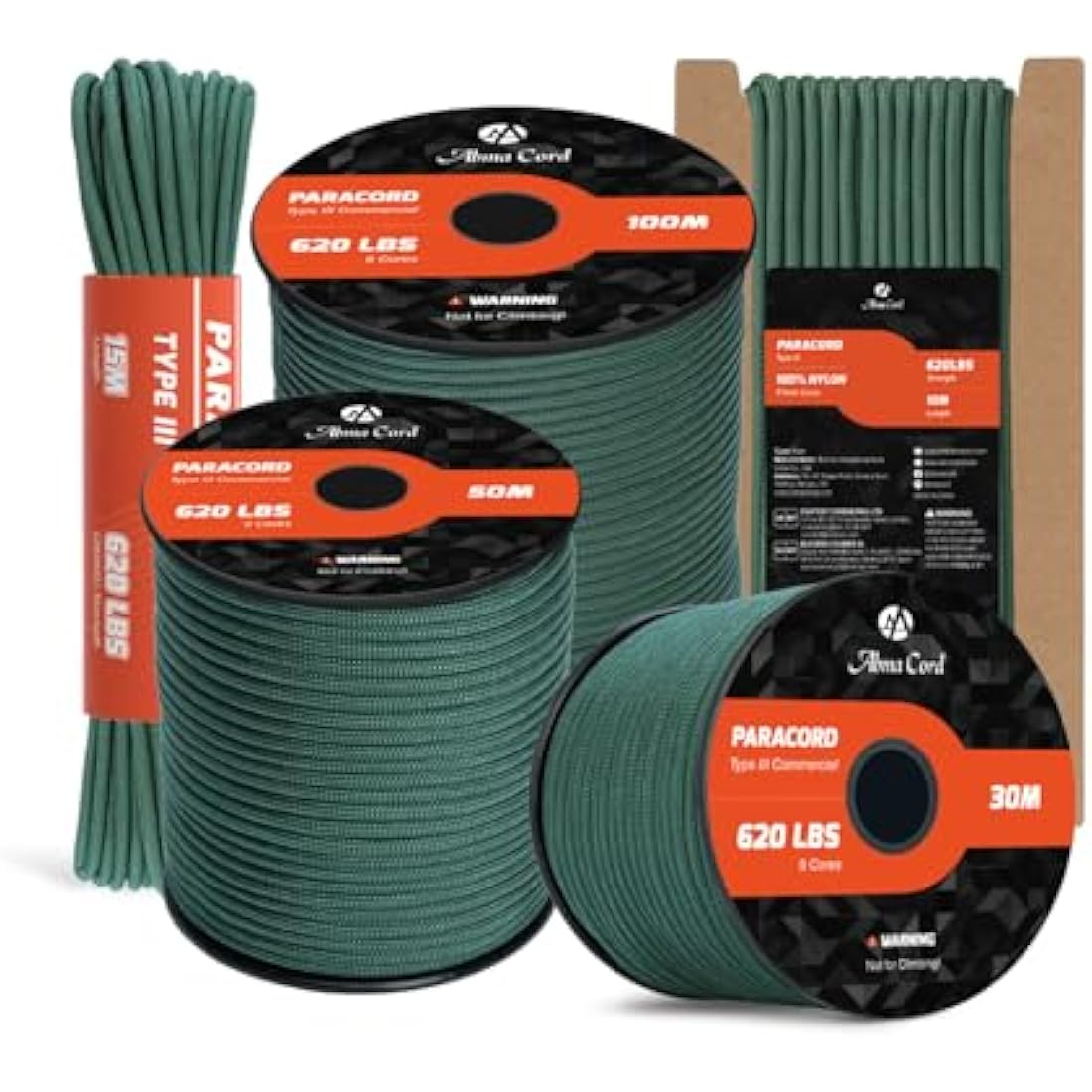 Abma Cord Paracord 4mm 100m 100% Nylon Rope 9 Strands Type III Parachute Cord for DIY, Camping, Survival, Outdoor - Max. 280kg - Dark Green