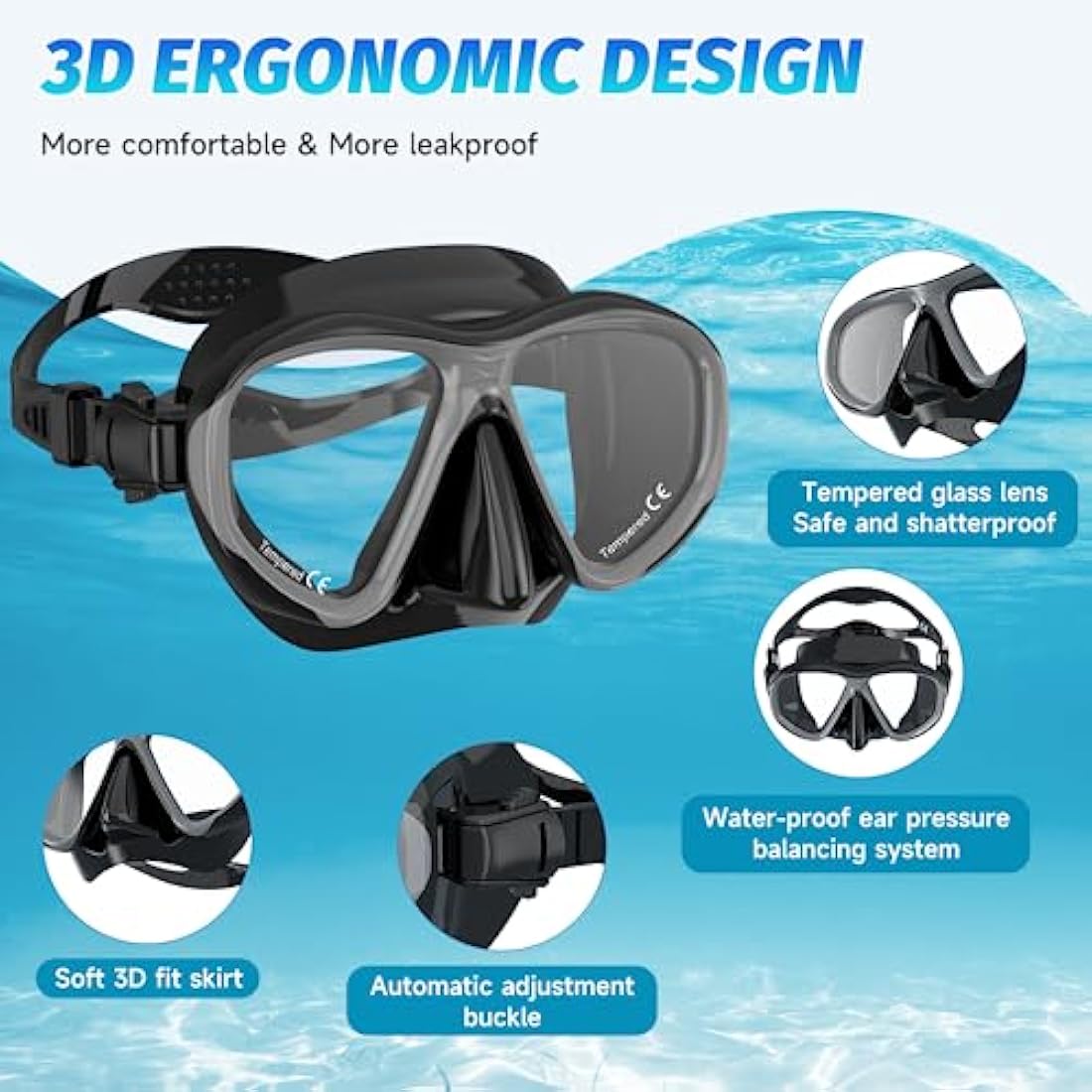 Findway Snorkel Mask, Dry Snorkel Set Adults, Tempered Glass Snorkeling Diving Masks for Women Men, Panoramic Wide View Scuba Swimming Mask Anti-leak Anti UV