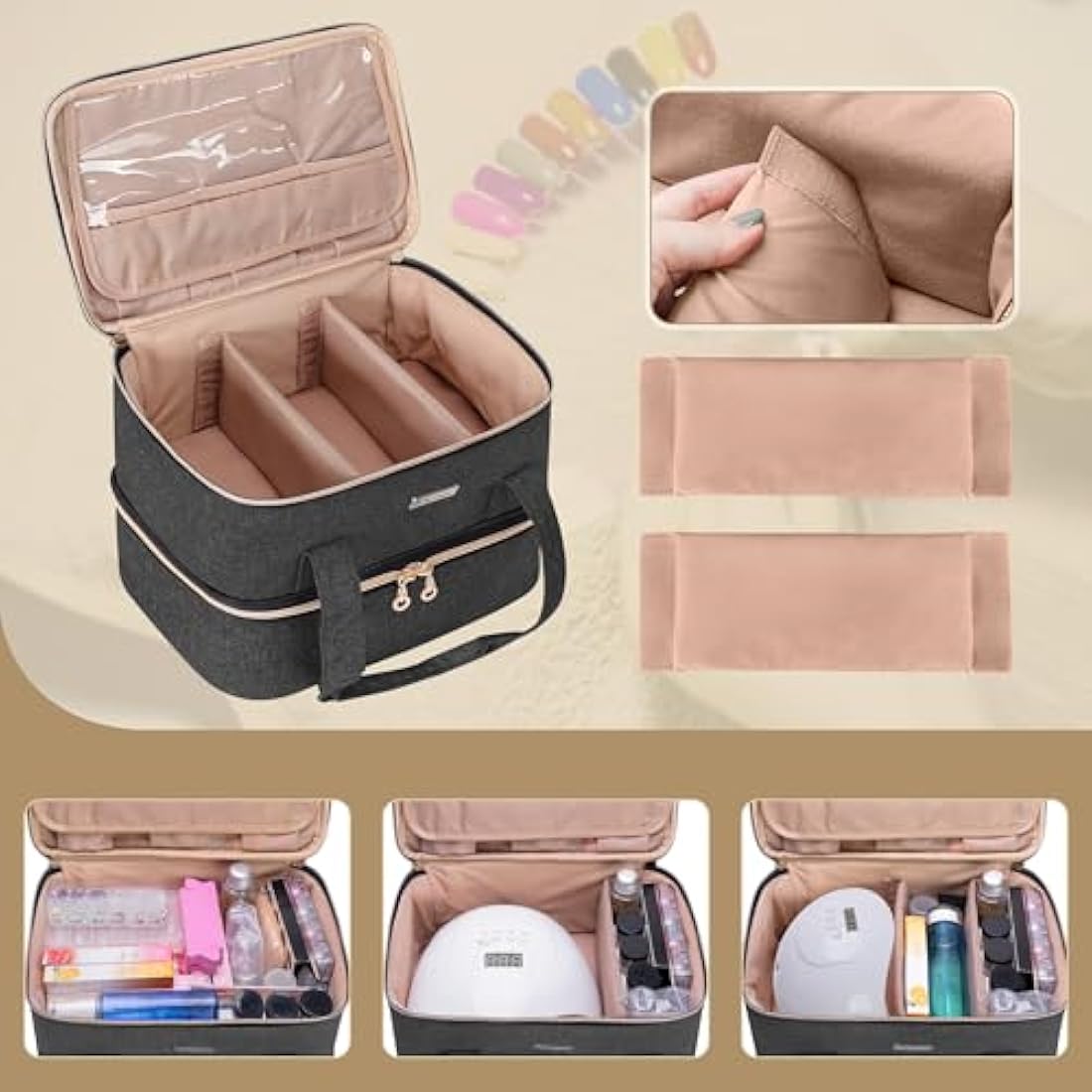 BAFASO Nail Polish Organiser Holds 40 Bottles (15ml - 0.5 fl.oz) and a Nail Lamp, Nail Polish Carrying Case with Manicure Tools Storage Sections (Bag Only), Black (Patented)