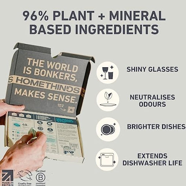 Homethings, 40 Eco-Friendly Dishwasher Tablets, Eco 3-in-1 Dishwasher Tabs, Highly Effective Cleaning, No Toxic Chemicals, Vegan & Cruelty-Free, No Animal Testing, Made in EU