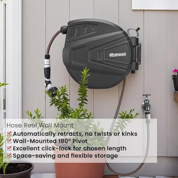 Roywel Auto Reel Garden Hose 40M，Hose Reel Wall Mounted，Auto Rewind, Self-Locking System,180° Pivotal with Multifunction Spray Nozzle