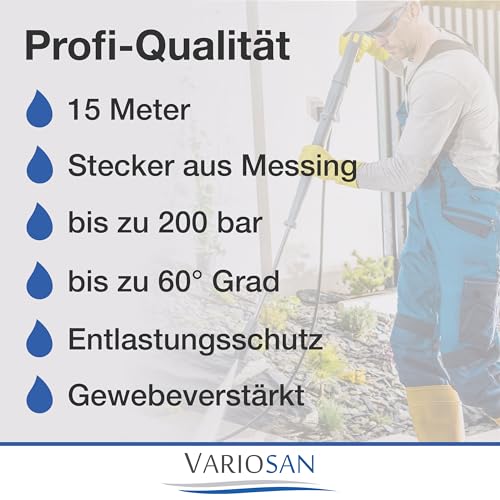 VARIOSAN High Pressure Hose 15m, Black 200 Bar for K?rcher K2-K7 & 2.641-721.0, Premium Quality Brass Connectors
