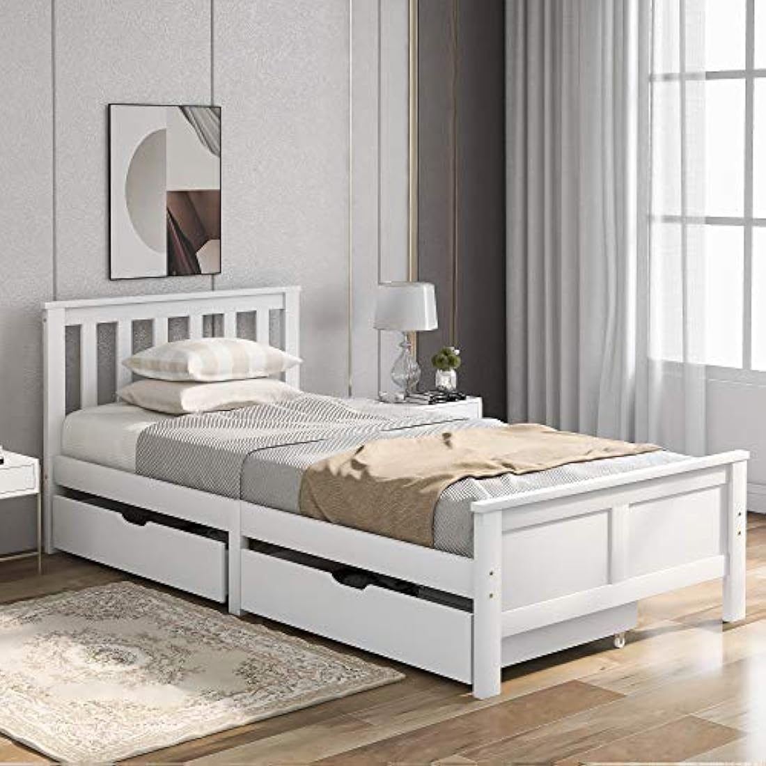 3ft Single Wooden Solid White Pine Storage Bed Frame with Drawers, Bed Furniture Frame for Adults, Kids, Teenagers (White 190x90cm)