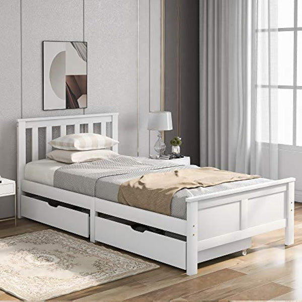 3ft Single Wooden Solid White Pine Storage Bed Frame with Drawers, Bed Furniture Frame for Adults, Kids, Teenagers (White 190x90cm)