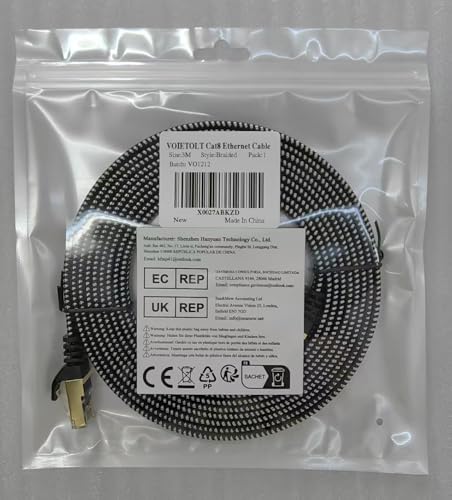 VOIETOLT Cat 8 Ethernet Cable 10M, High-Speed 40Gbps/2000Mhz Flat Braided Internet Cable, Gigabit STP RJ45 Network Cable Compatible for PS4/5, for Modem, PC/Laptop