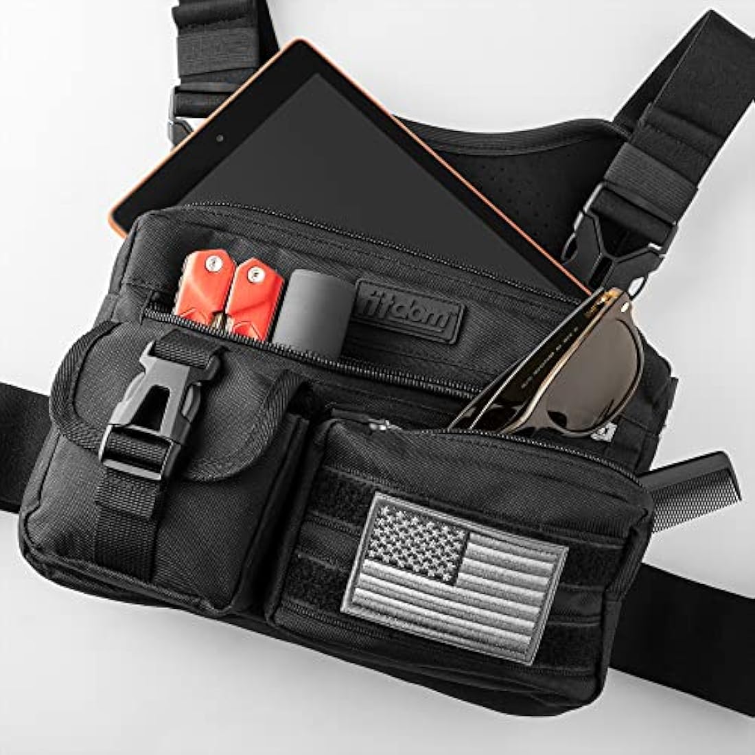 Fitdom Tactical Inspired Sports Utility Chest Pack. Chest Bag for Men with Built-in Phone Holder. This EDC Rig Pouch Vest is Perfect for Workouts, Cycling & Hiking, Jet Black, Tactical Chest Bag