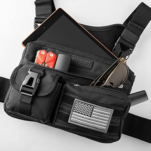 Fitdom Tactical Inspired Sports Utility Chest Pack. Chest Bag for Men with Built-in Phone Holder. This EDC Rig Pouch Vest is Perfect for Workouts, Cycling & Hiking, Jet Black, Tactical Chest Bag