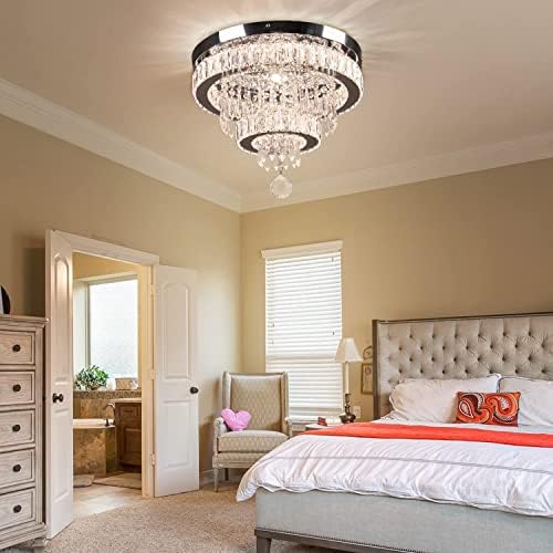 15.7" Modern Crystal Chandeliers, Dimmable LED Ceiling Light with Remote Control, K9 Crystal Flush Mount Chandeliers for Bedroom Dining Room Living Room Hallway (Multicolor