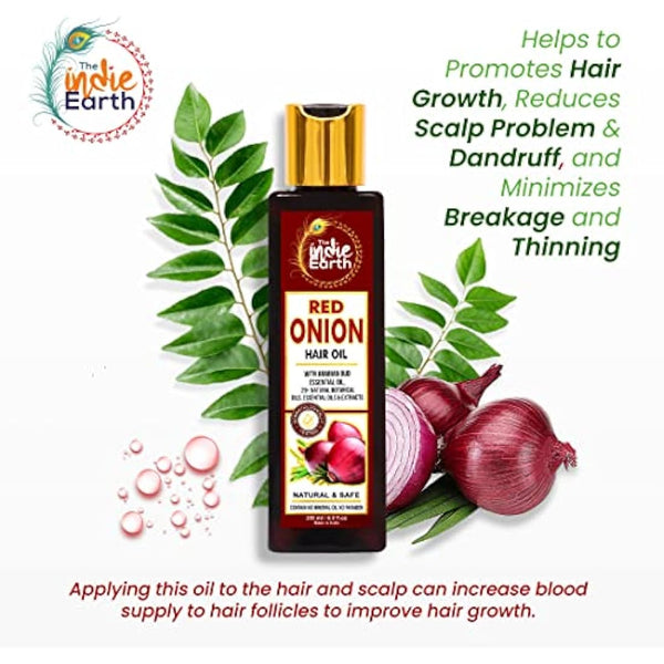 INDIE EARTH RED ONION HAIR OIL 200 ML - ANTI HAIR LOSS & HAIR GROWTH WITH BLACK SEED, CURRY LEAF, HIBISCUS BHRINGRAJ & 29+ NATURAL OILS & EXTRACTS