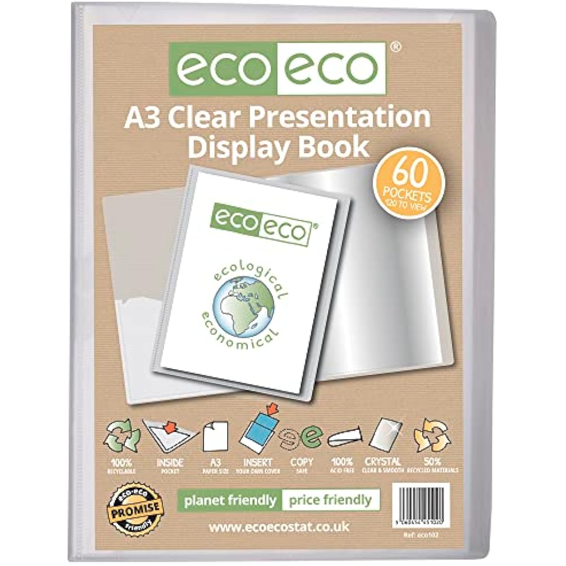 eco-eco A3 Size 50% Recycled 60 Pocket Clear Presentation Display Book, Storage Case Portfolio Art Folder with Plastic Sleeves, eco102