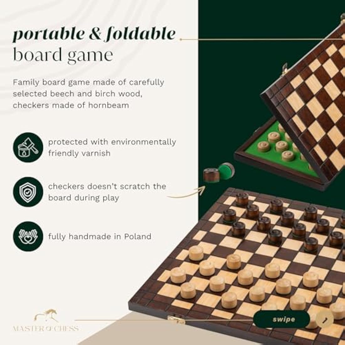 Wooden Checkers 100 Squares XXL CHECKERS | Master Of Chess | Folding Chess Board 39x39 cm | Handcrafted Travel Draughts Set - Draughts Board Game for Kids and for Adults