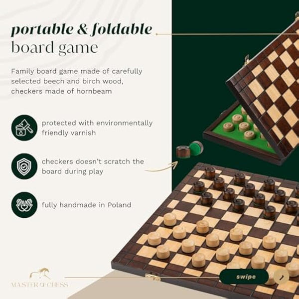 Wooden Checkers 100 Squares XXL CHECKERS | Master Of Chess | Folding Chess Board 39x39 cm | Handcrafted Travel Draughts Set - Draughts Board Game for Kids and for Adults