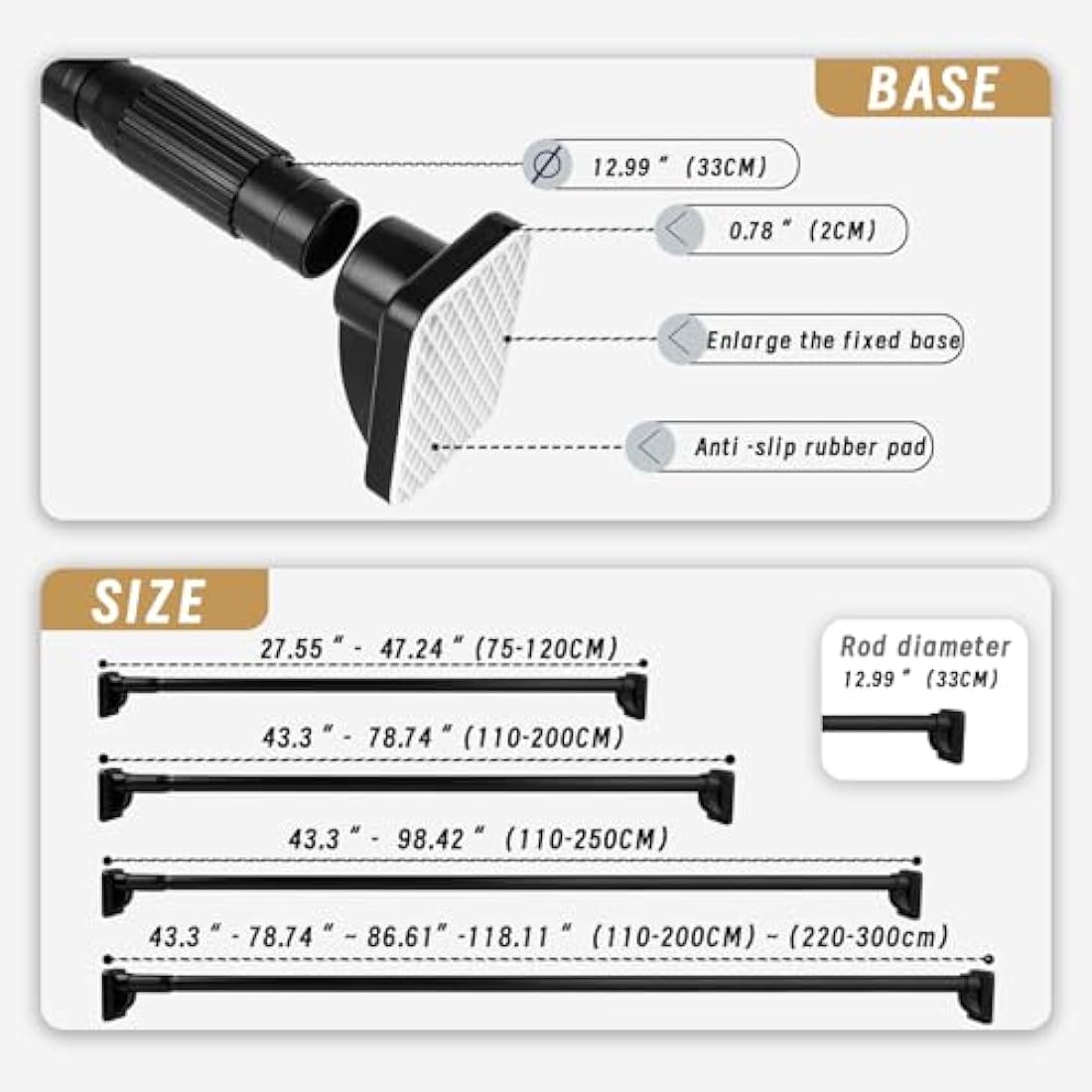 Heavy Duty Tension Pole - 33mm Steel Clothes Rail & Curtain Rod 110-200cm, No Drill Telescopic Pole, Supports 80kg,Multi-Purpose for Drying, Hanging, Bathroom, Kitchen, Wardrobe
