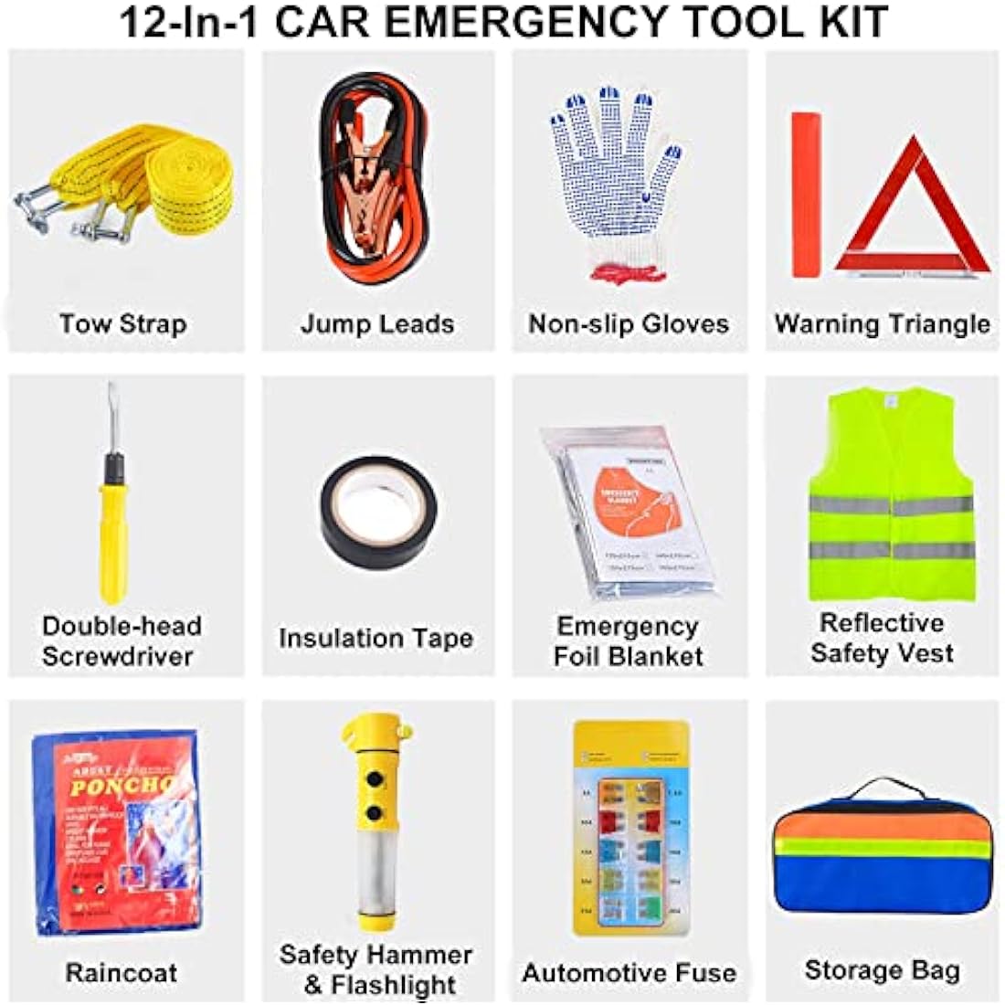 crayfomo 12-In-1 Car Emergency Tool Kits,European Roadside Assistance Car Breakdown Kit with Visibility Vest,Warning Triangle,Jumper Cables,Car Safety Hammer,Tow Rope,Storage Bag
