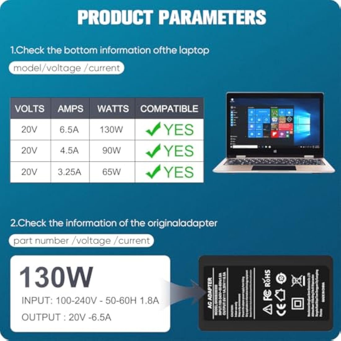 130W USB C Laptop Charger for Dell XPS 9575 9500 9510 9520 9530 9700 9710 9720 9730 Precision 5530 5550 5560 5570 5750 5760 3560 3561 Latitude 5520 5530 5420 7410 7310 7210 9410 9510 9520