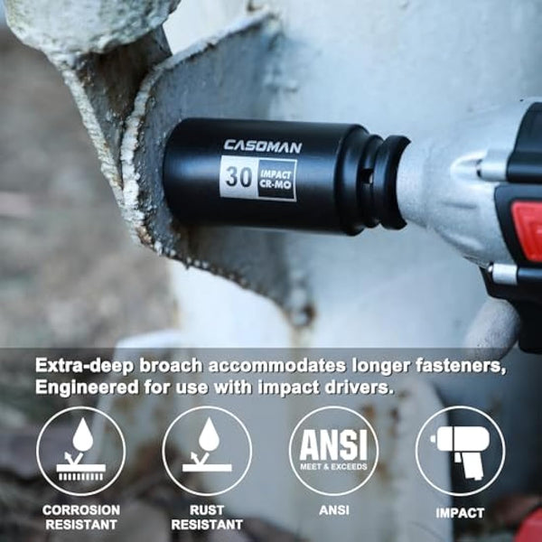 CASOMAN 4 Pieces 1/2" Dr. Heavy Duty Impact Socket Set, 12-Point, Metric, CR-MO, 30,32,34,36mm, 1/2-Inch Drive Deep Spindle Axle Nut Impact Socket Set