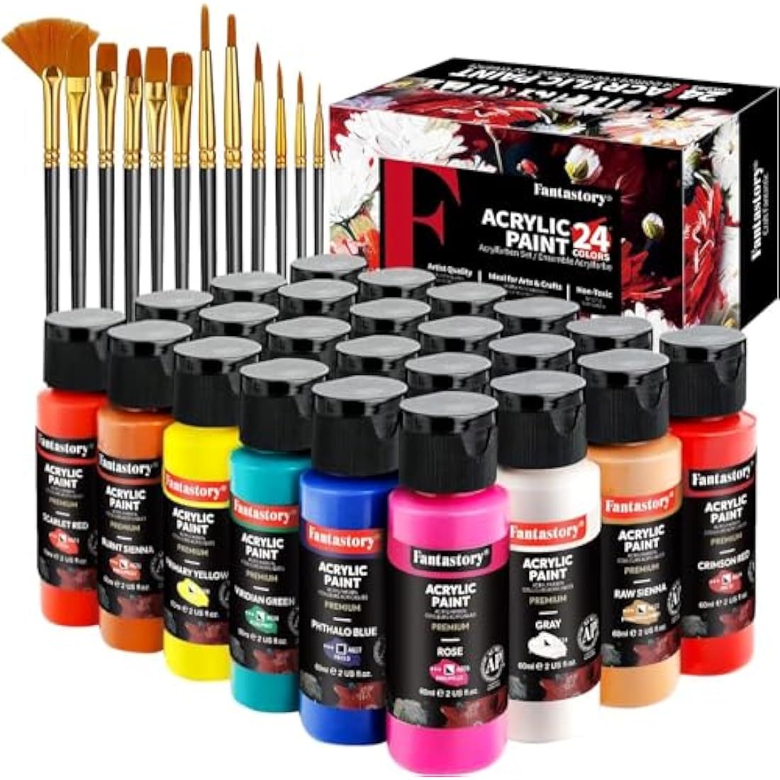 fantastory Acrylic Paint Set 24 Colors (2 oz / 60ml Each), Non Toxic, Non Fading, Waterproof, Acrylic Paint Kit for Artwork & DIY Projects on Canvas, Wood, Glass, Clay, Fabric, Ceramic, Paper, Canvas