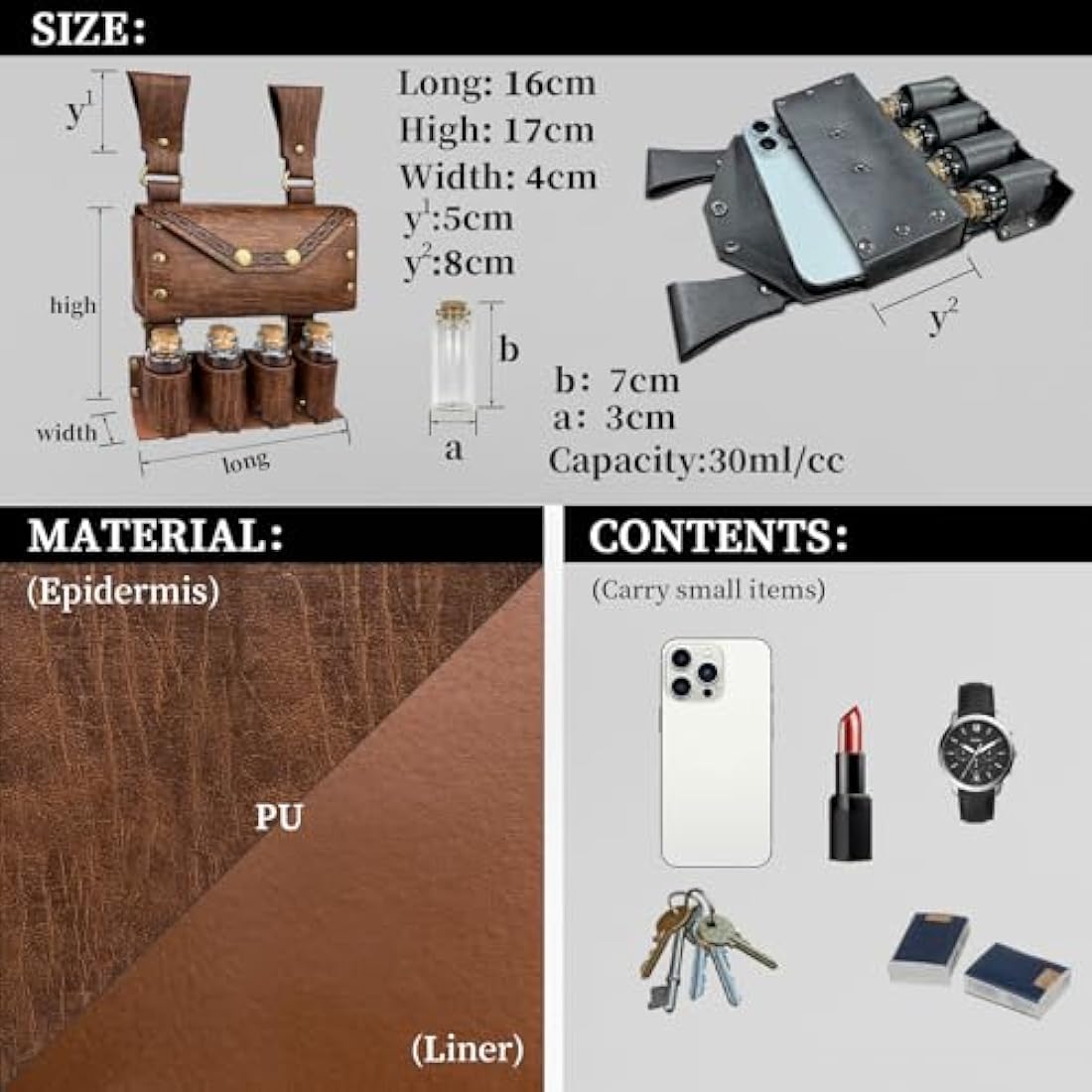 EpicCos 3 PCs Medieval Alchemy Belt Waist Pack Combo with Multiple Potion Bottles, Viking Rivet Belt Side Pouch for Cosplay (Brown C)