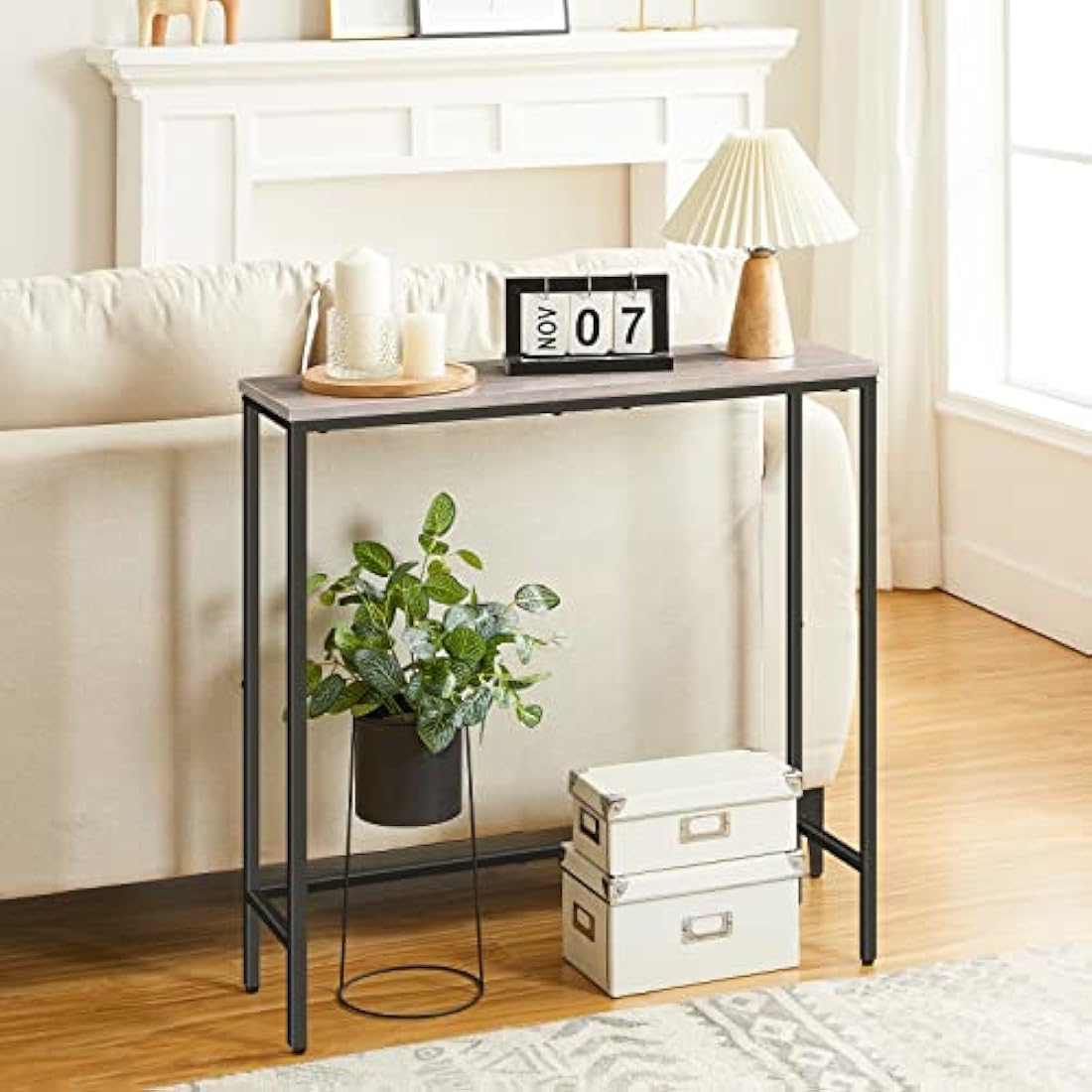 HOOBRO Slim Console Table for Hallway, Metal Frame, Compact Display Sofa Table for Small Spaces, Entryway, Living Room, Sturdy, Greige and Black EBG75XG01