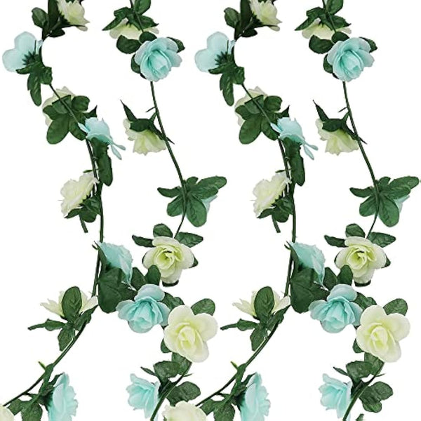 LumenTY 2 Pack 2.5 m Artificial Flower Vine Rose Garland Silk Fake Flowers Hanging Decor for Hotel Office Garden Home Party Wedding Festival Craft Art Decoration - Blue and White