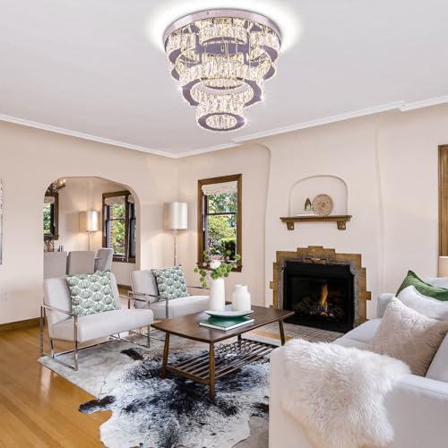 FRIXCHUR 15.7" Flower Crystal Chandelier Modern LED Flush Mount Ceiling Light 2 Rings Pendant Lights Chandeliers for Living Room Dining Room Bedroom (Dimmable)