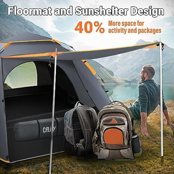 Cflity Camping Tent, 3 Man Pop Up Tent Automatic Instant Three Layer Waterproof 4 Season Large Dome Tent & Shelters with Extended Floor Mat Porch 2 Hall Poles Removable Rainfly