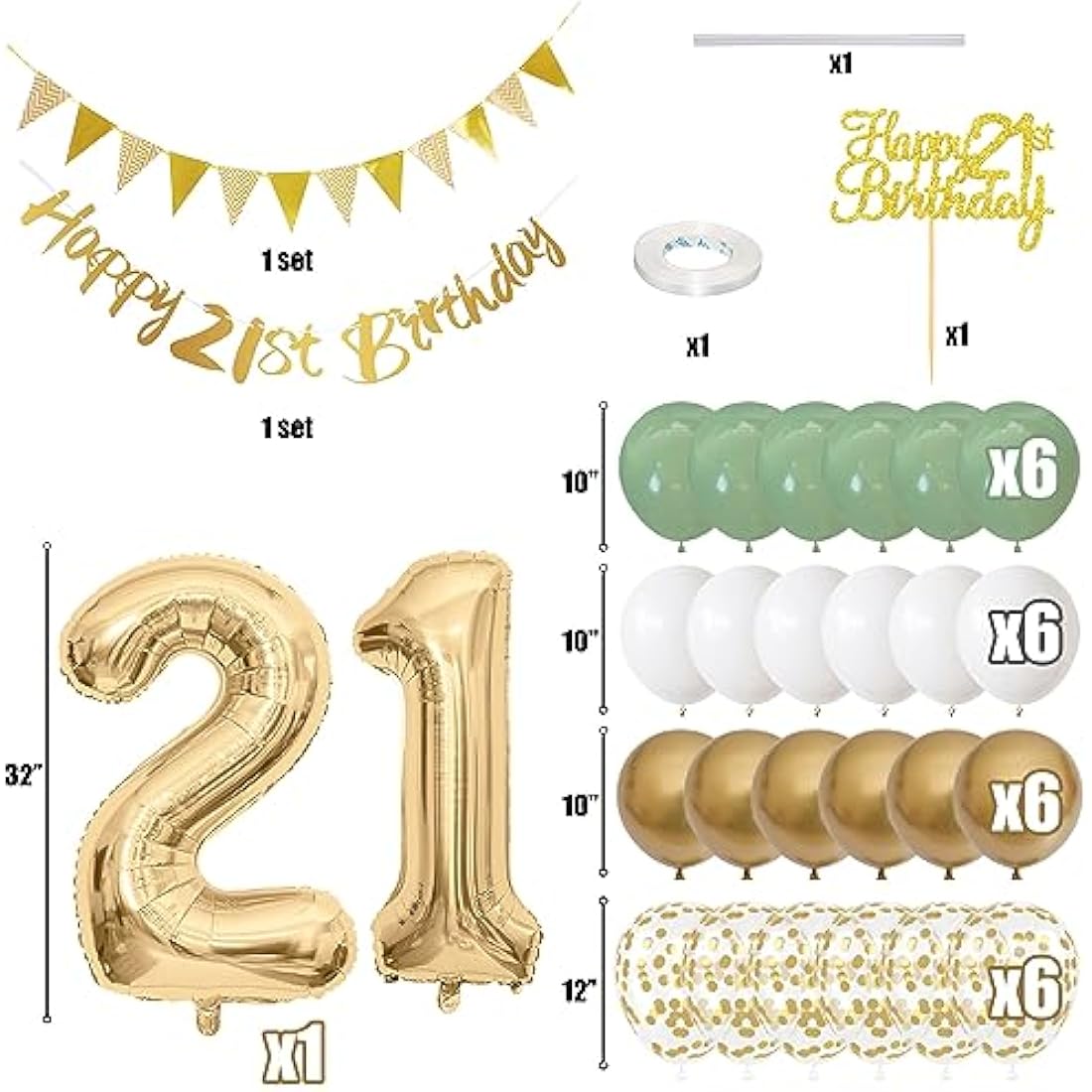 Jobkoo 21st Birthday Decorations Him Her, Happy 21st Birthday Banner w/ Birthday Cake Topper Number 21 Foil Balloon Sage Green White Gold Birthday Balloons Men Women 21 Year Old Party Decoration