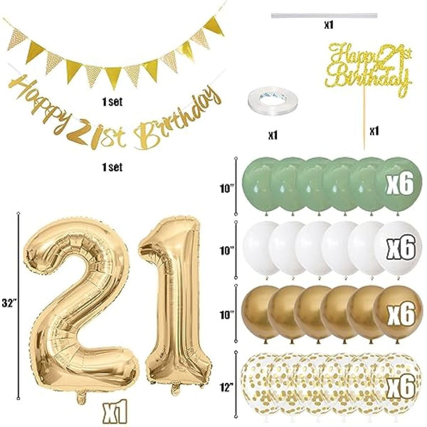 Jobkoo 21st Birthday Decorations Him Her, Happy 21st Birthday Banner w/ Birthday Cake Topper Number 21 Foil Balloon Sage Green White Gold Birthday Balloons Men Women 21 Year Old Party Decoration