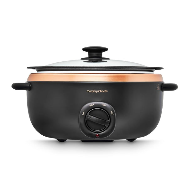 Morphy Richards 6.5L Sear and Stew Slow Cooker, Dishwasher Proof Non Stick Aluminum Pot, Cool Touch Handles, Matte Black and Rose Gold, 461016