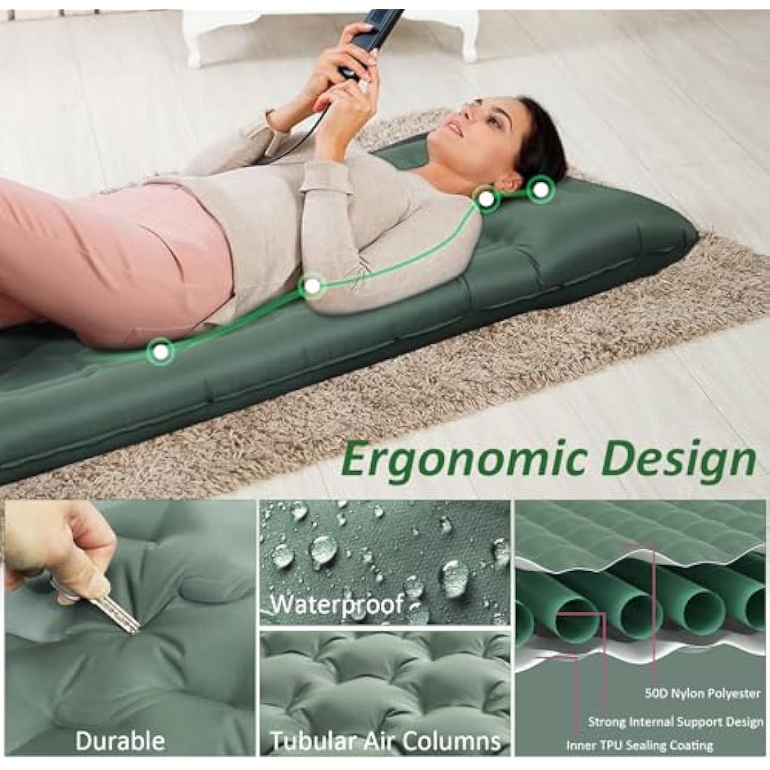 Camping Mat - Upgraded Extra Thick Self Inflating Camping Sleeping Mat Double, Reinforced Support Structure with Built-in Foot Pump and Pillow,Portable Camping Sleeping Air Mattress for Hiking Tent