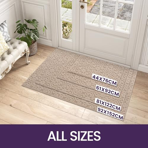 DEXI Door Mats Indoor 81 x 122 cm, Dirt Trapper Doormat with Non Slip Rubber Backing, Thin Washable Front Entrance Mat for Inside, Patio, Porch, Beige