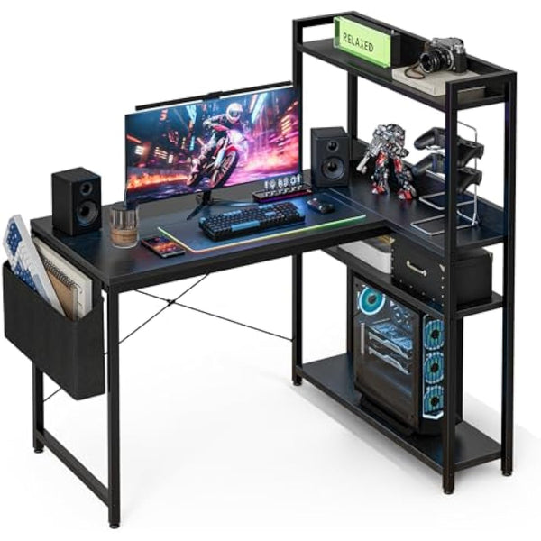 Grandder 100x80 cm L Shaped Gaming Desk with Reversible Storage Shelves, Computer Desk Home Office Corner Study Writing Table with Hutch, Study, Black